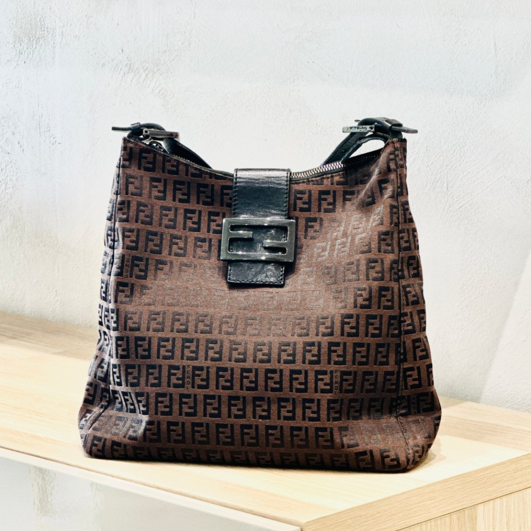 Fendi Zucchino Canvas Leather Dark Brown Shoulder Bag