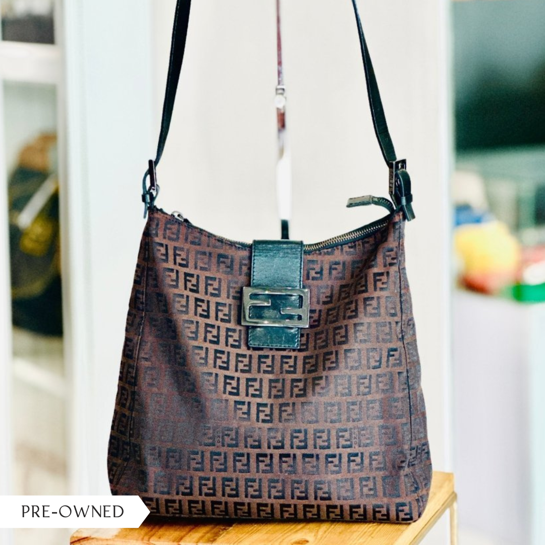 Fendi Zucchino Canvas Leather Dark Brown Shoulder Bag