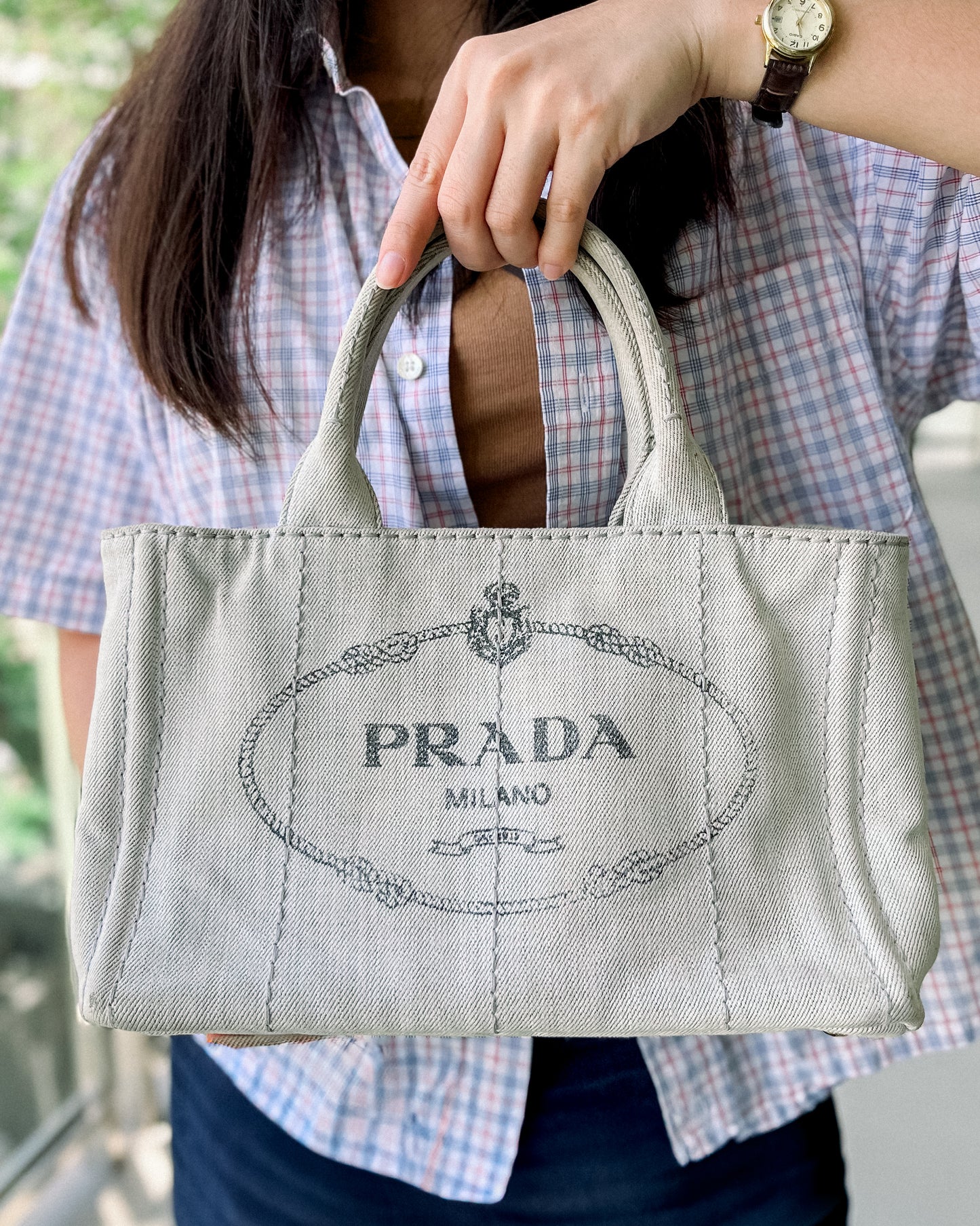 Prada Canapa Light Wash Denim Tote Bag