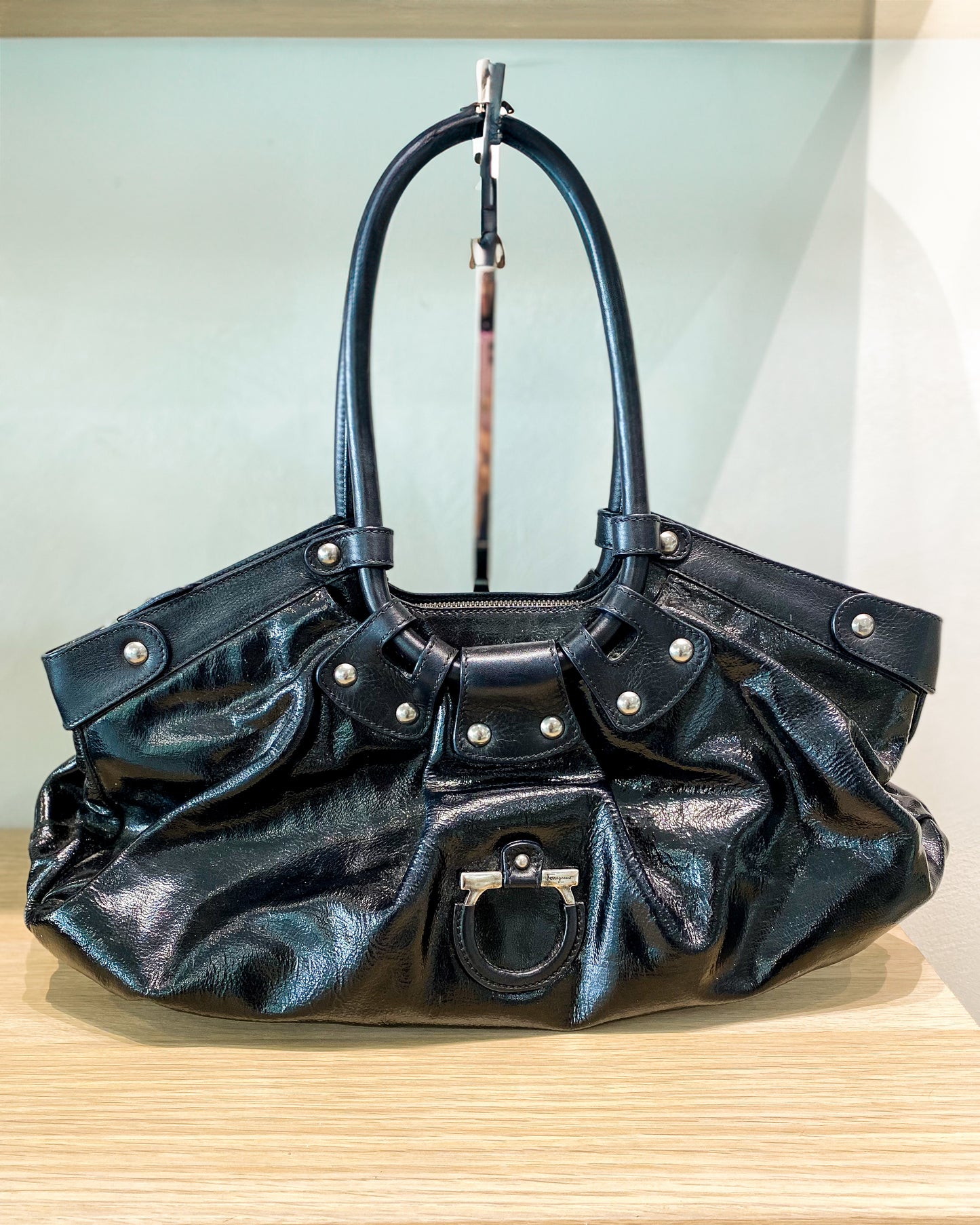 Salvatore Ferragamo Black Patent Celtico Satchel Bag