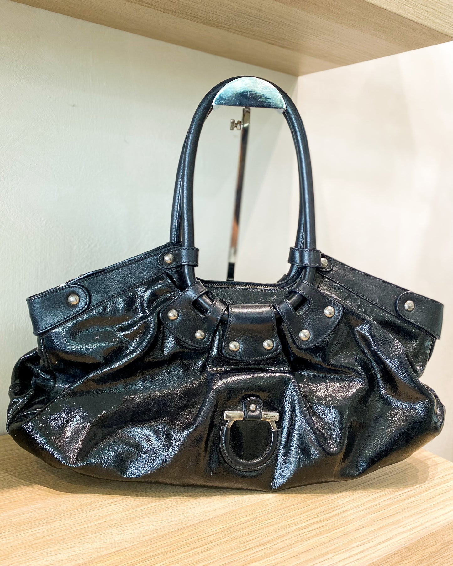 Salvatore Ferragamo Black Patent Celtico Satchel Bag