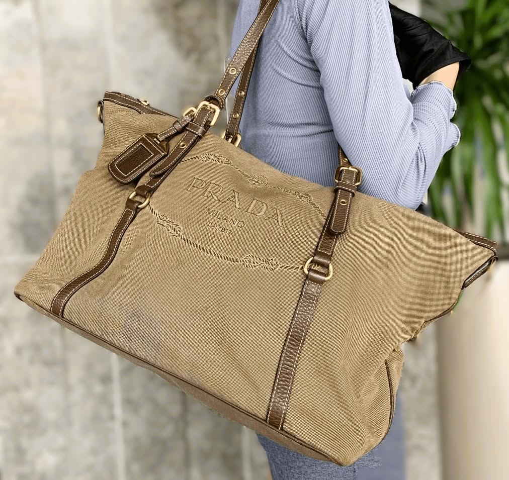 SALE: PRADA Jacquard Brown GHW Classic Monogram Logo 2-Way Shopper Bag