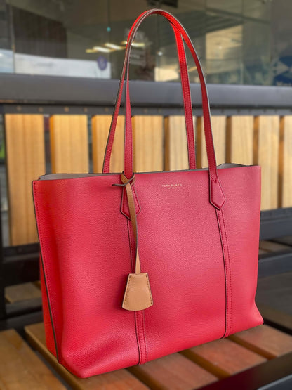 Tory Burch Perry red Pebble Leather Triple Compartment Tote/ Shoulder bag
