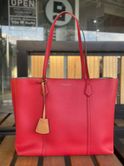 Tory Burch Perry red Pebble Leather Triple Compartment Tote/ Shoulder bag