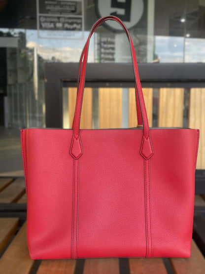 Tory Burch Perry red Pebble Leather Triple Compartment Tote/ Shoulder bag