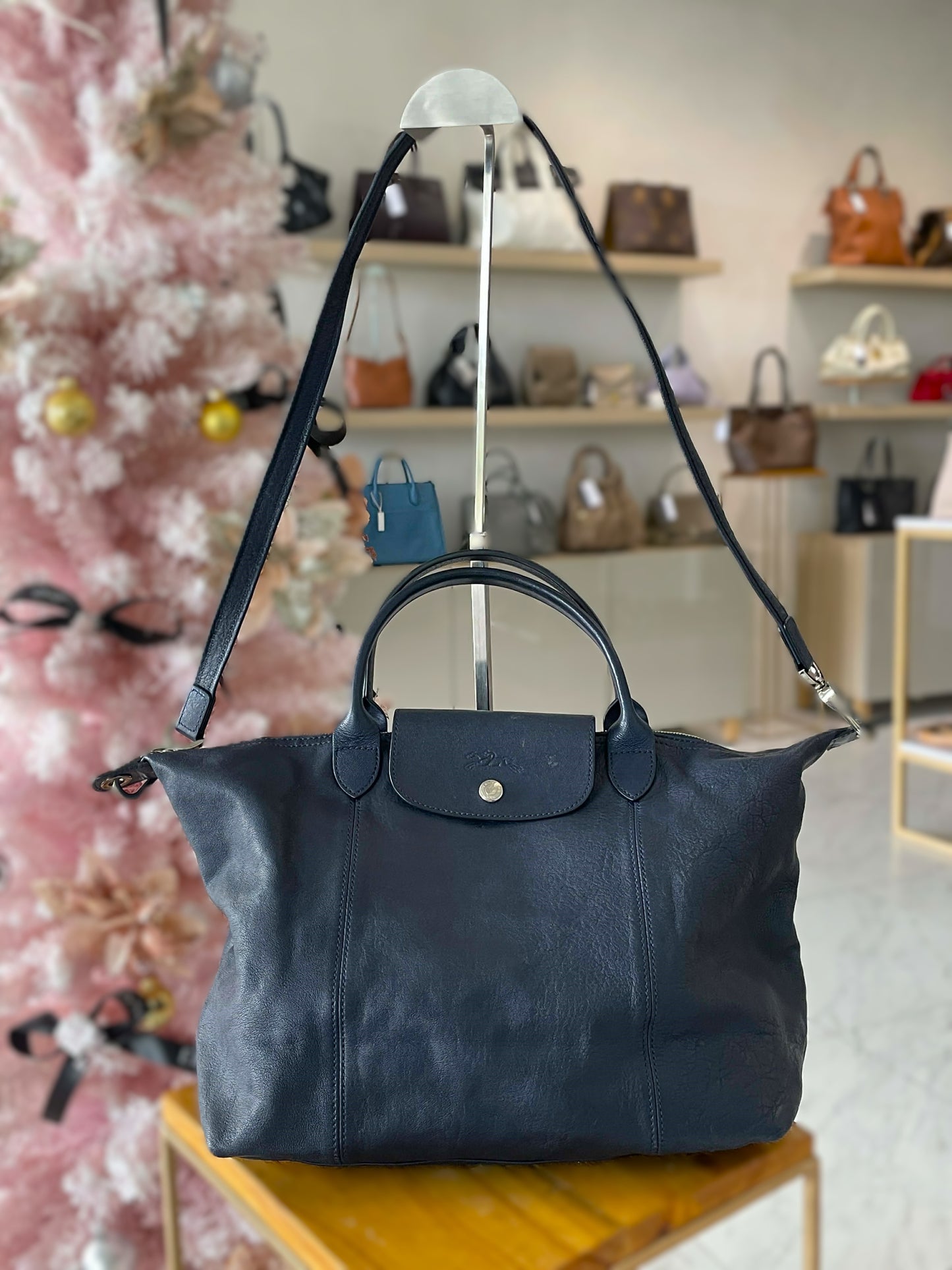 LongChamp Le Pliage Cuir Navy Leather Tote bag