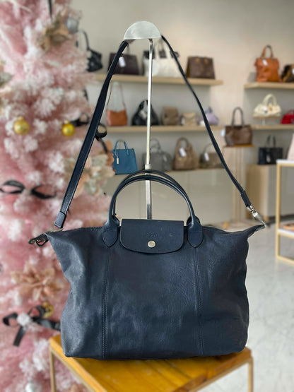 LongChamp Le Pliage Cuir Navy Leather Tote bag