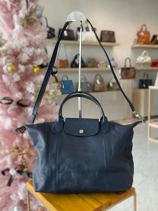 LongChamp Le Pliage Cuir Navy Leather Tote bag