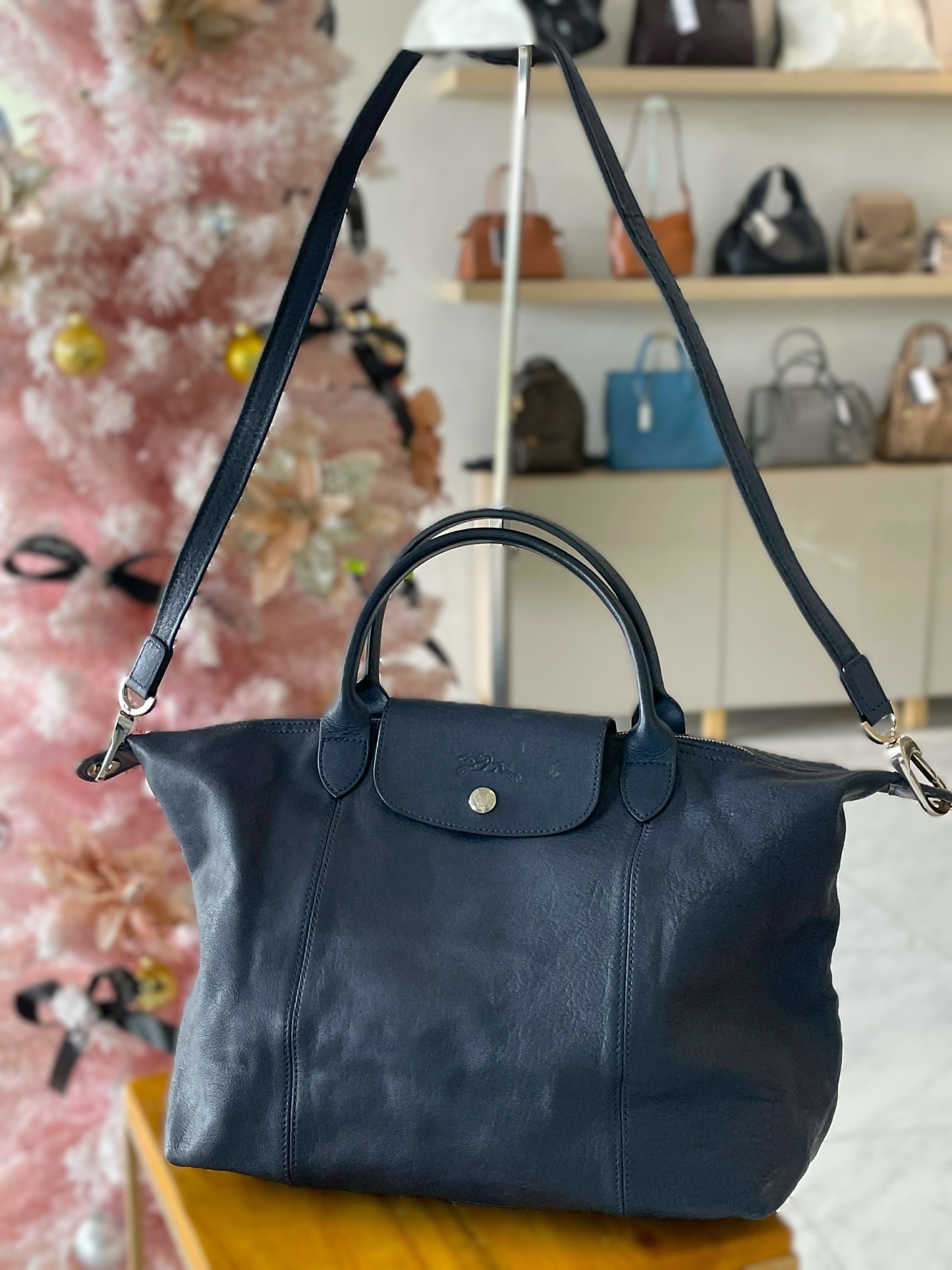 LongChamp Le Pliage Cuir Navy Leather Tote bag