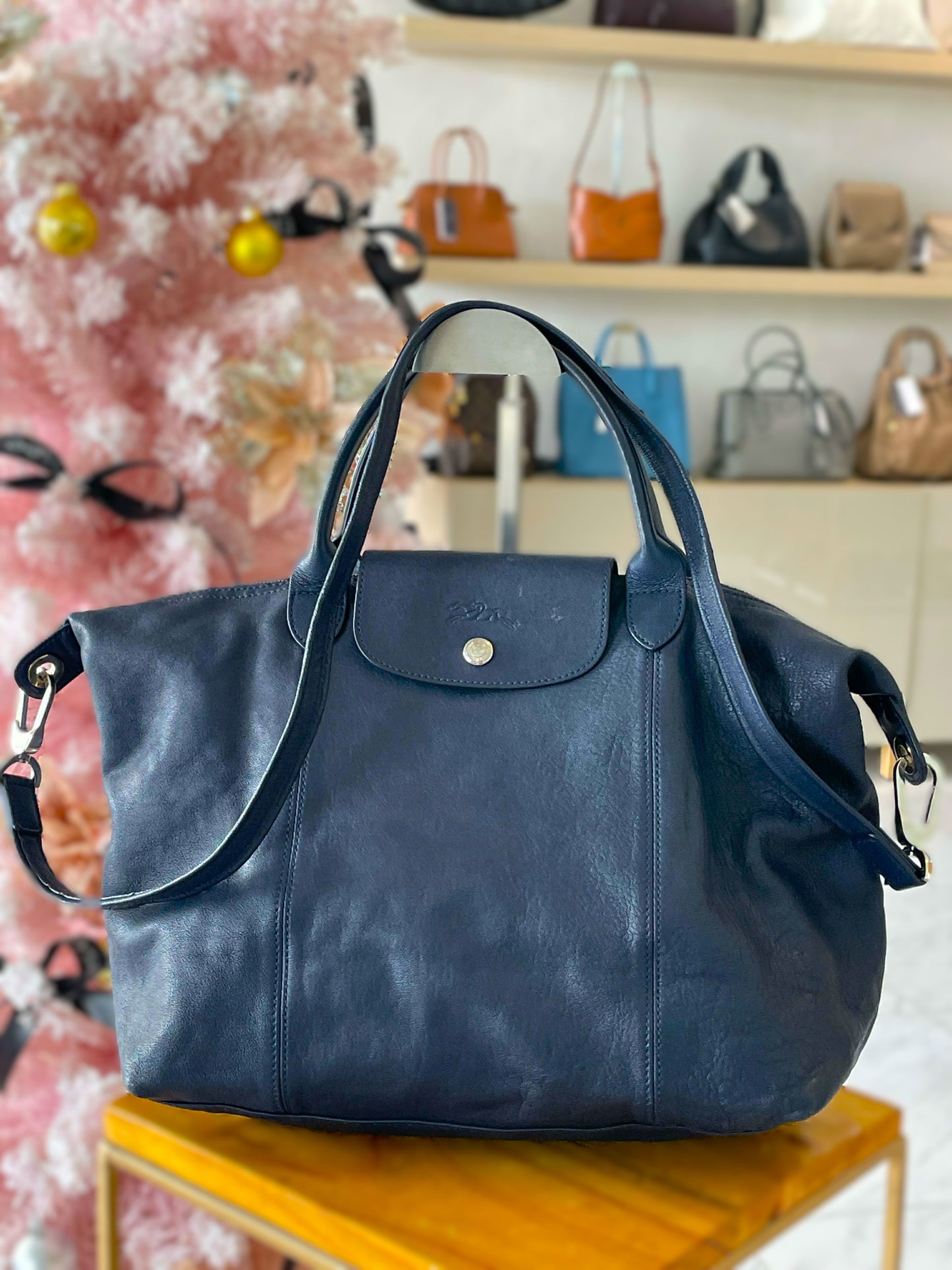 LongChamp Le Pliage Cuir Navy Leather Tote bag