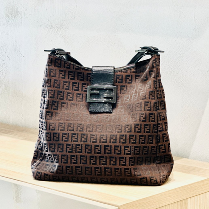 Fendi Zucchino Canvas Leather Dark Brown Shoulder Bag