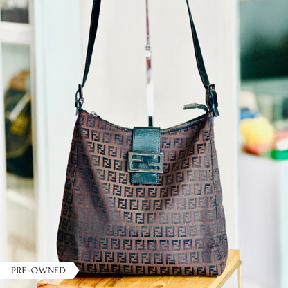 Fendi Zucchino Canvas Leather Dark Brown Shoulder Bag