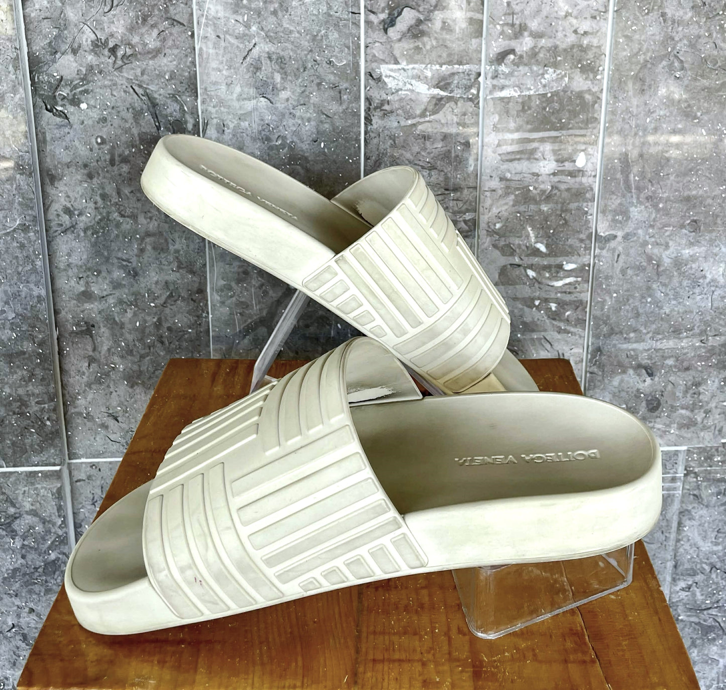 Bottega Veneta Rubber Slides in Sea Salt Color US 40