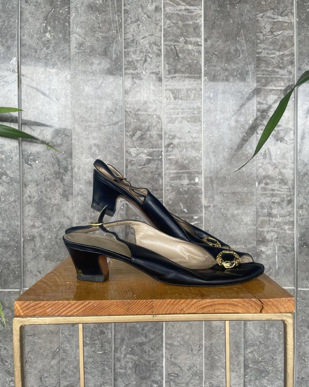 Salvatore Ferragamo Vintage 80s Black Patent Leather Peep Toe Sling Back
