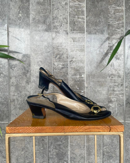 Salvatore Ferragamo Vintage 80s Black Patent Leather Peep Toe Sling Back
