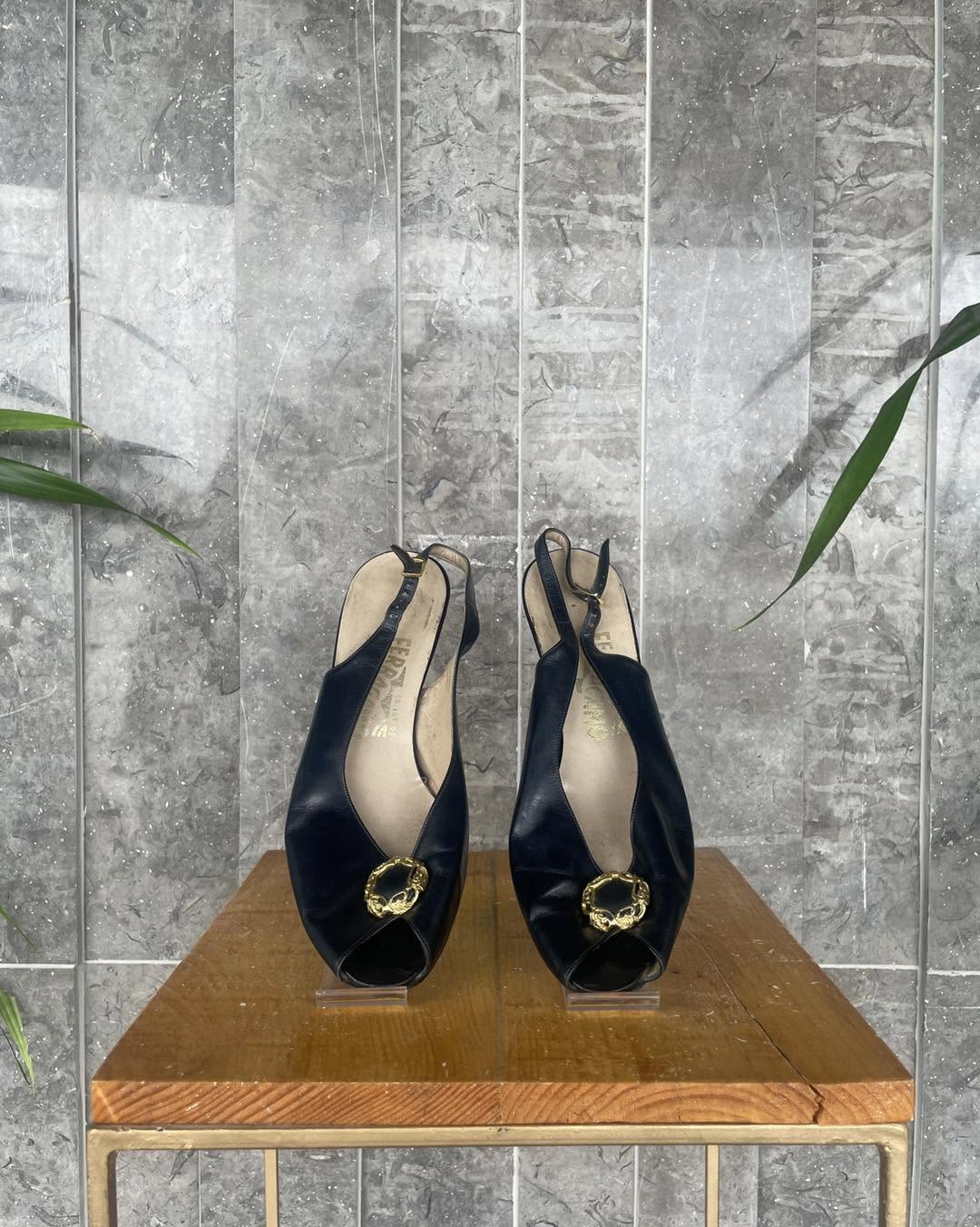 Salvatore Ferragamo Vintage 80s Black Patent Leather Peep Toe Sling Back