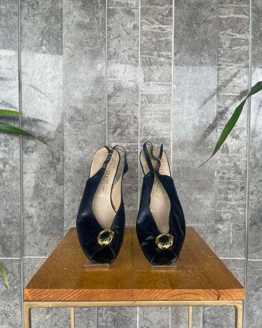 Salvatore Ferragamo Vintage 80s Black Patent Leather Peep Toe Sling Back
