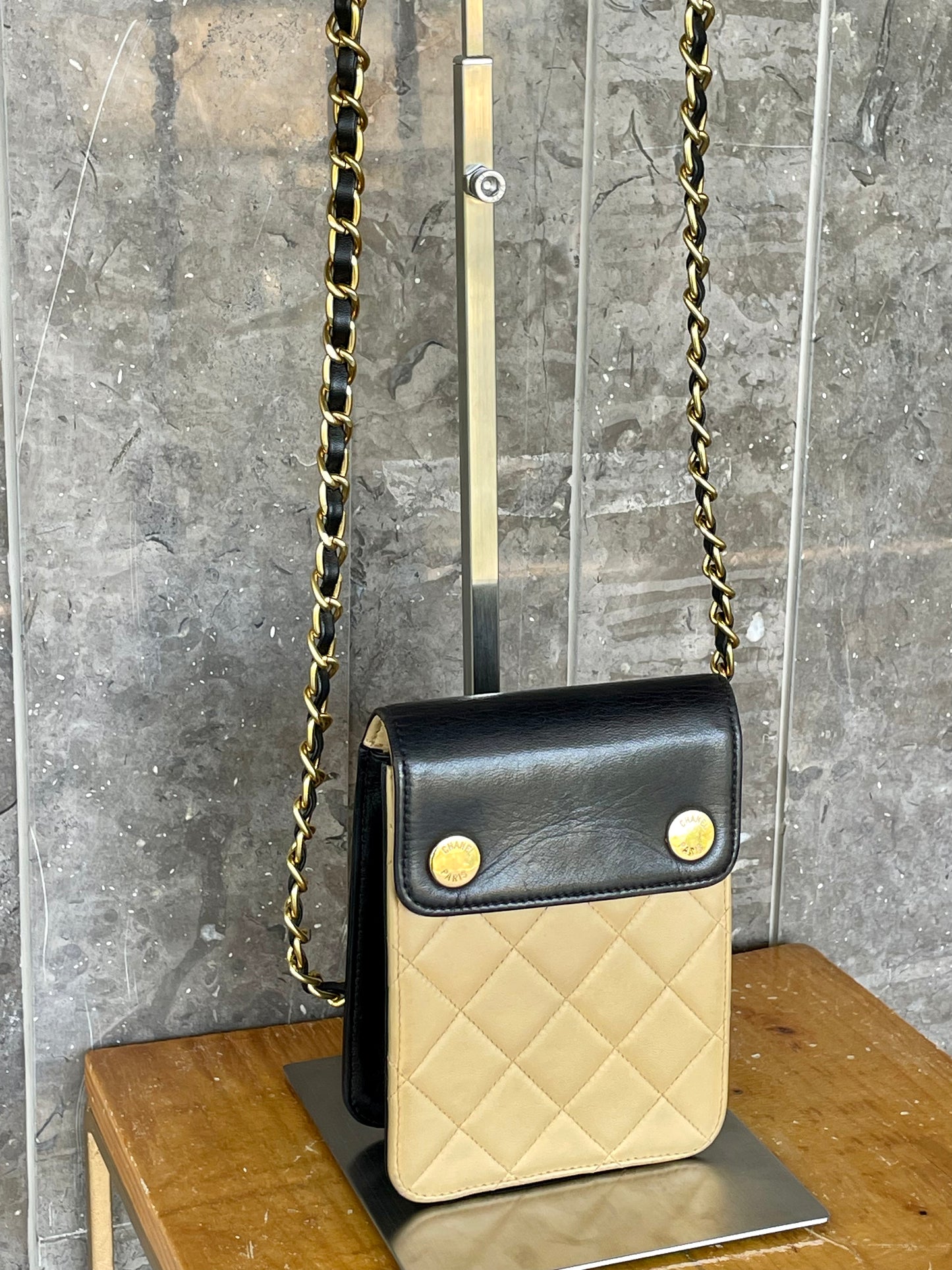 Chanel Matelasse Bicolore  Pouch a Two-Tone Black and Beige Lambskin Shoulder Sling Bag