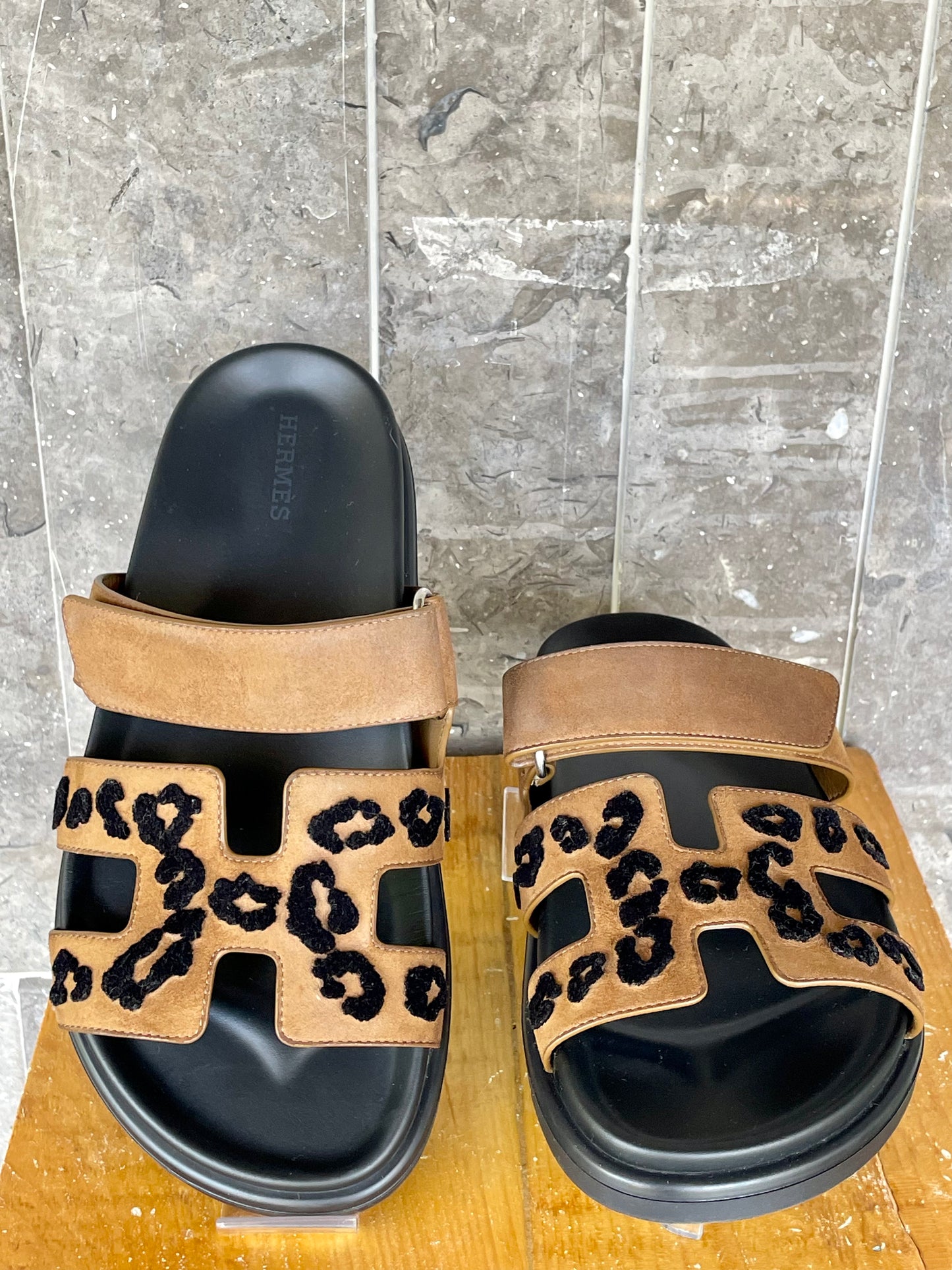 Hermes Chypre Sandals Brown Suede and Black Leopard US 37