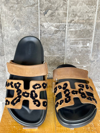Hermes Chypre Sandals Brown Suede and Black Leopard US 37