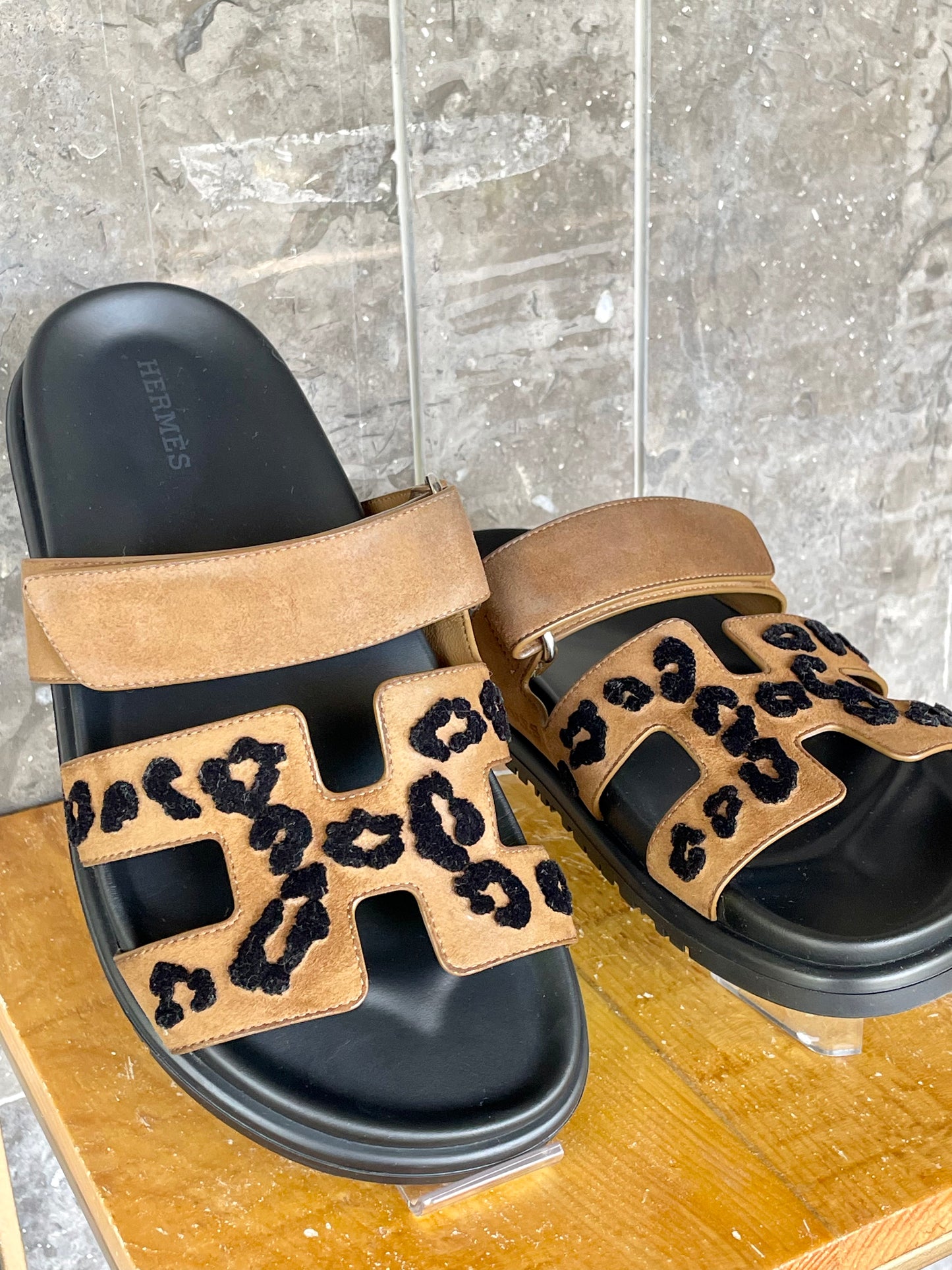 Hermes Chypre Sandals Brown Suede and Black Leopard US 37