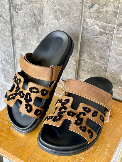 Hermes Chypre Sandals Brown Suede and Black Leopard US 37