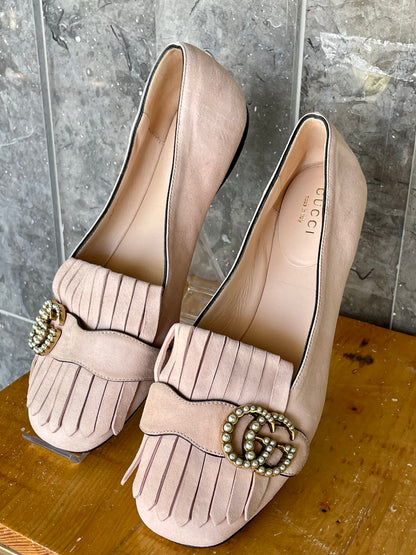 Gucci Marmont Fringe Suede Pumps Pink Loafer size 36