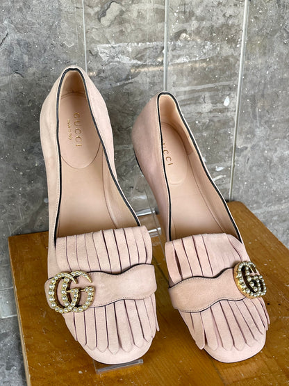 Gucci Marmont Fringe Suede Pumps Pink Loafer size 36
