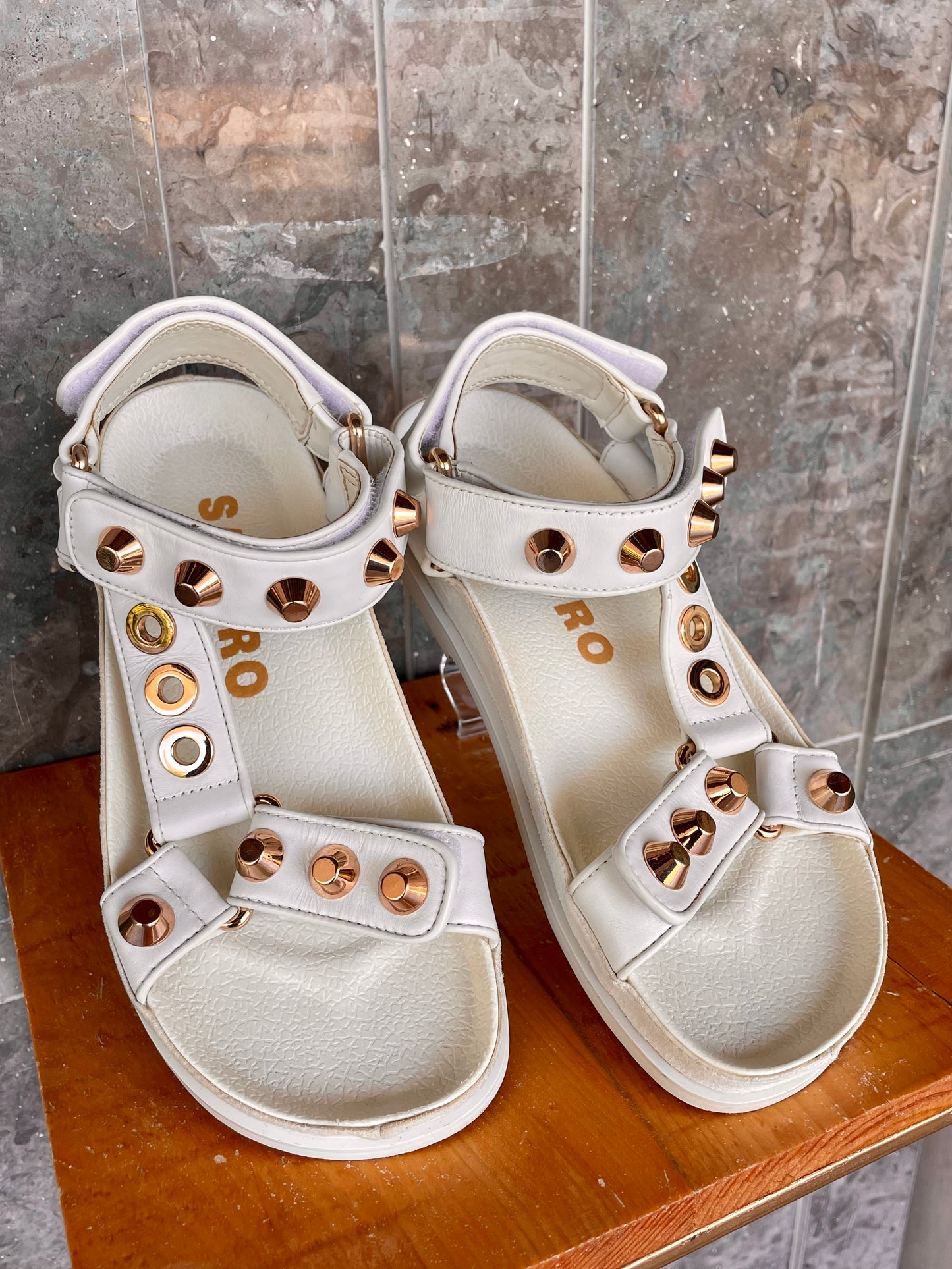 Sandro Elympia Style White Studded Leather Size 37