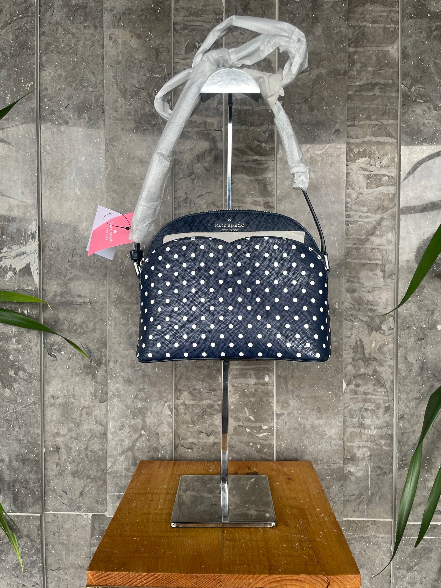 Kate Spade Payton Dome Navy Blue Polka Dot Crossbody