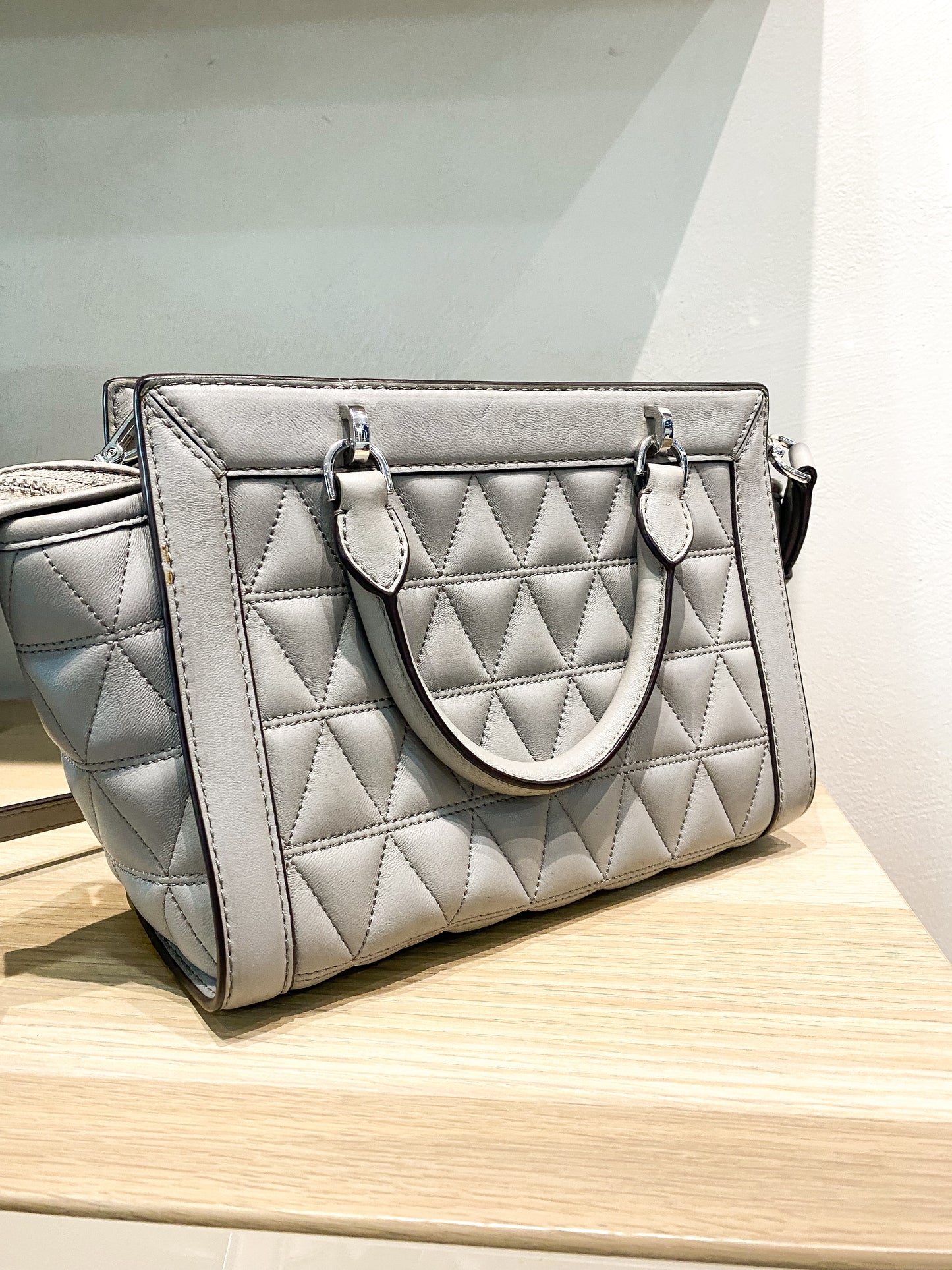 Michael Kors Vivianne Pearl Gray Quilted Patent Leather Crossbody