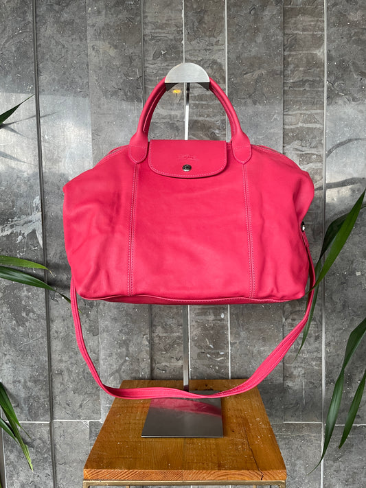 Longchamp Le Pliage Cuir Medium Leather Satchel Bag Cyclamen Pink