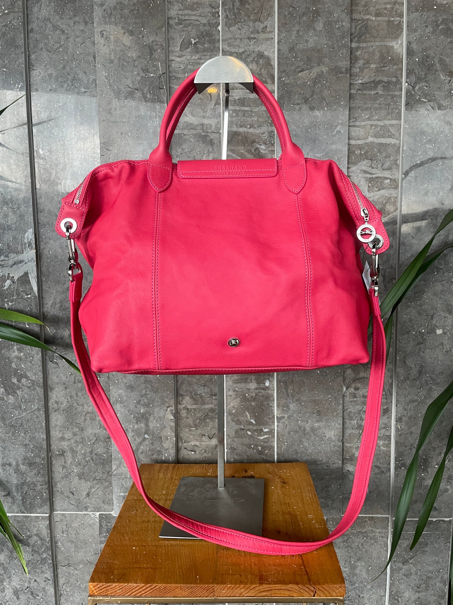 Longchamp Le Pliage Cuir Medium Leather Satchel Bag Cyclamen Pink