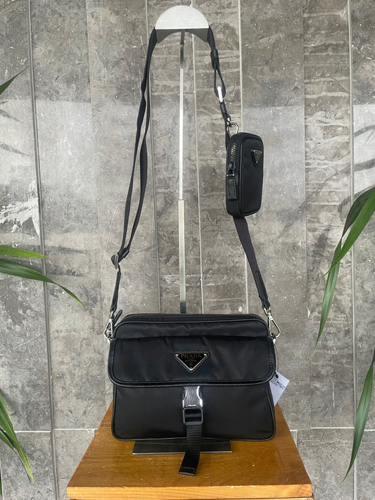 Prada Black Re-Nylon and Saffiano Leather Shoulder Bag