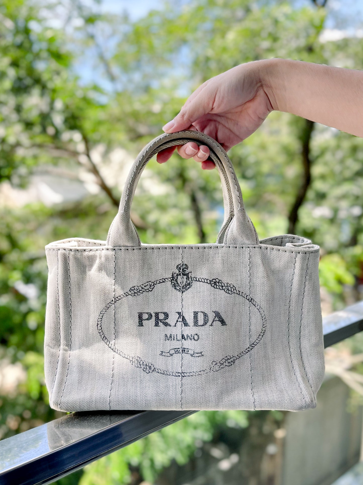 Prada Canapa Light Wash Denim Tote Bag