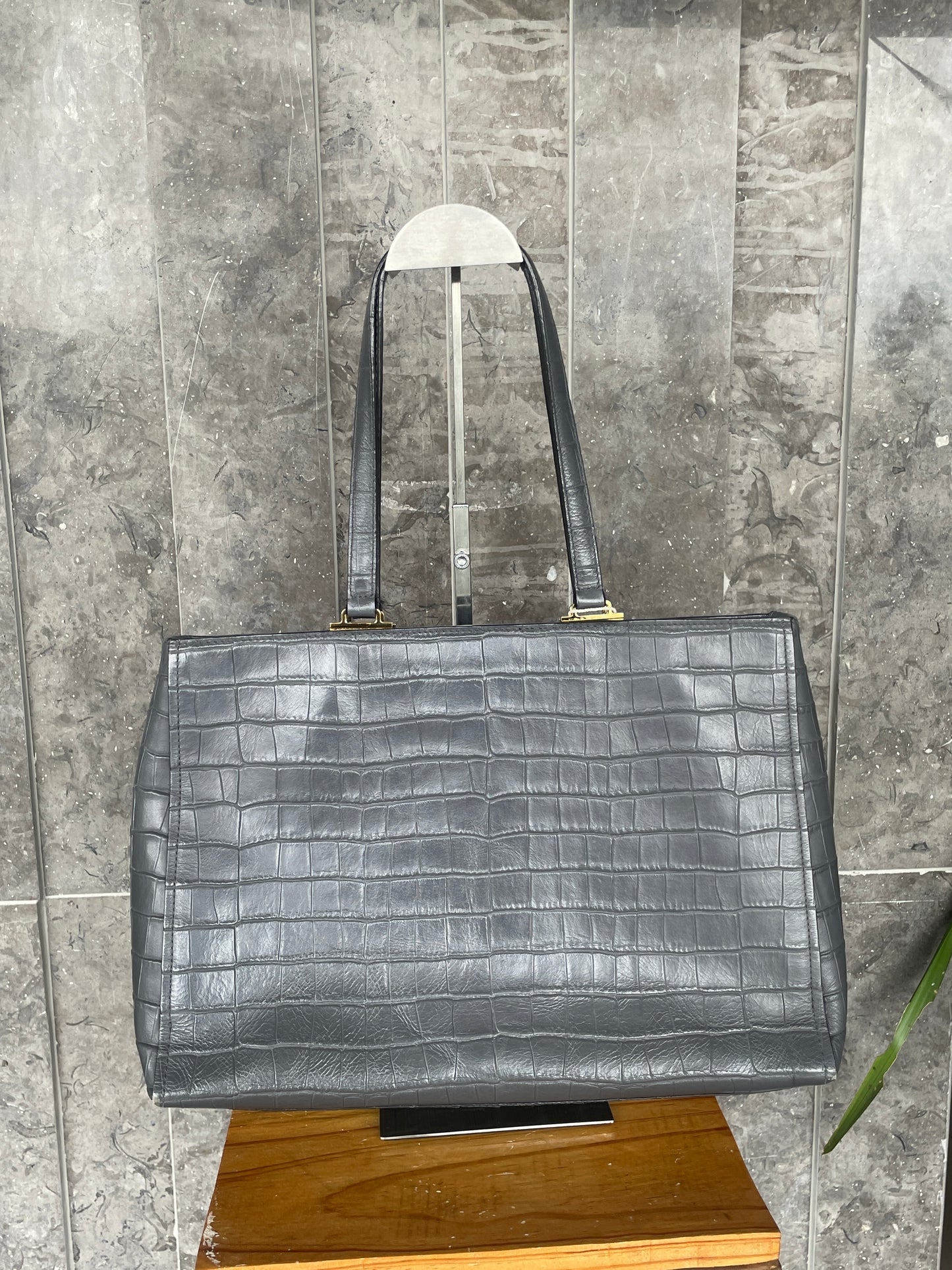Furla Belvedere Croc-Embossed Gray Leather