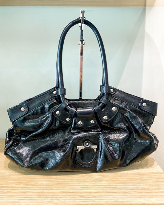 Salvatore Ferragamo Black Patent Celtico Satchel Bag