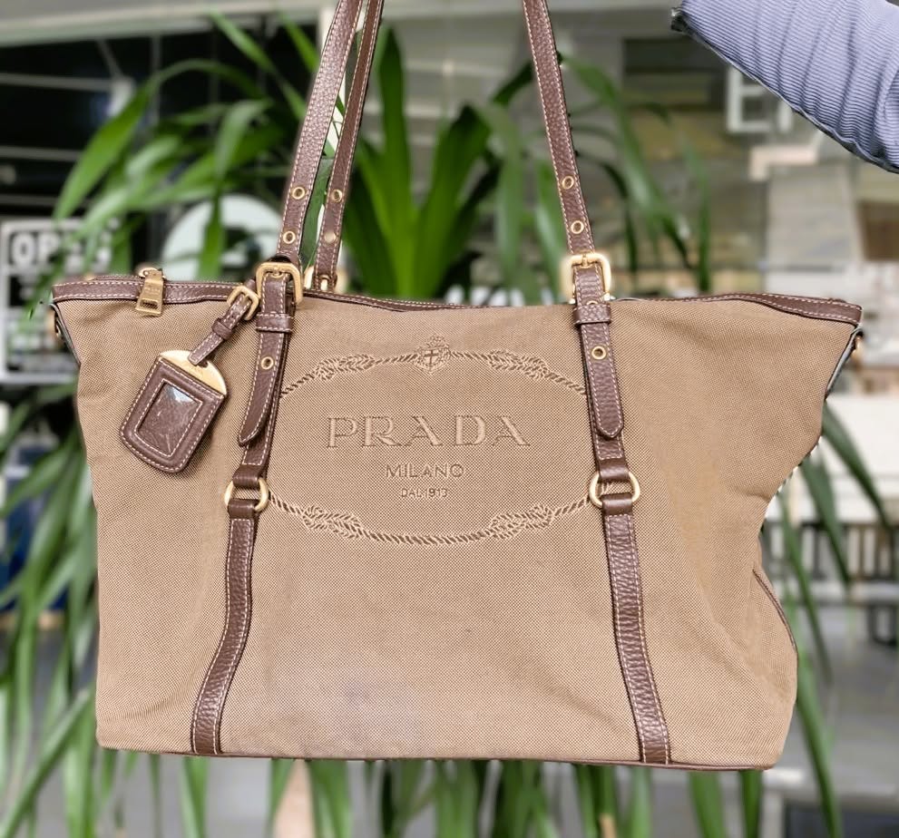 SALE: PRADA Jacquard Brown GHW Classic Monogram Logo 2-Way Shopper Bag