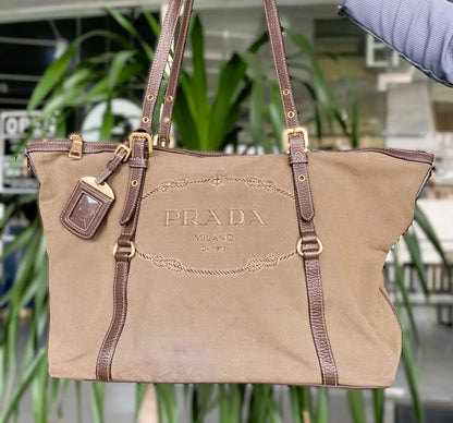SALE: PRADA Jacquard Brown GHW Classic Monogram Logo 2-Way Shopper Bag