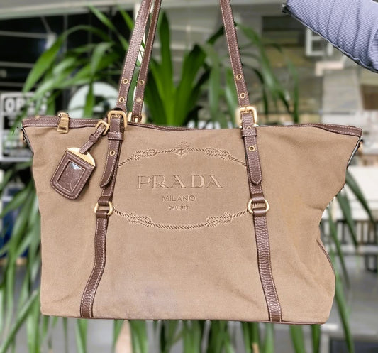 SALE: PRADA Jacquard Brown GHW Classic Monogram Logo 2-Way Shopper Bag