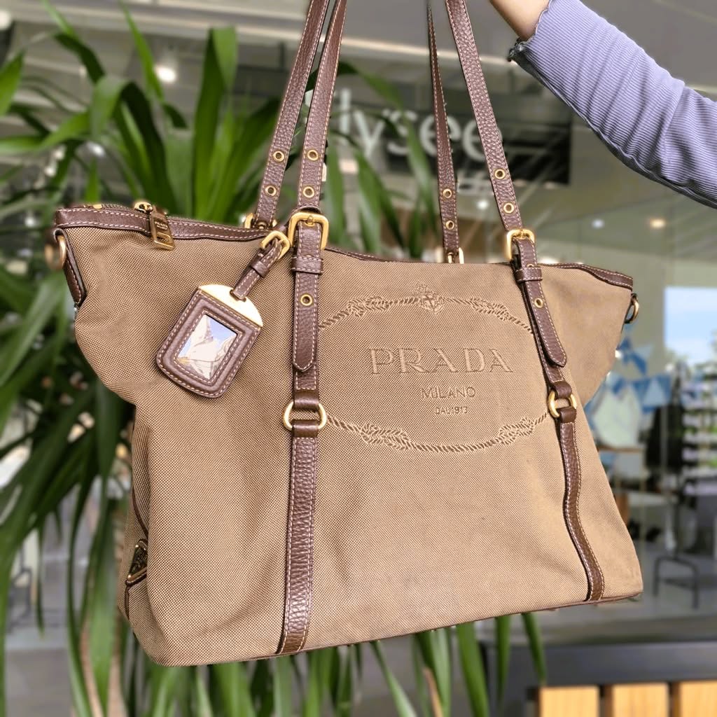 SALE: PRADA Jacquard Brown GHW Classic Monogram Logo 2-Way Shopper Bag