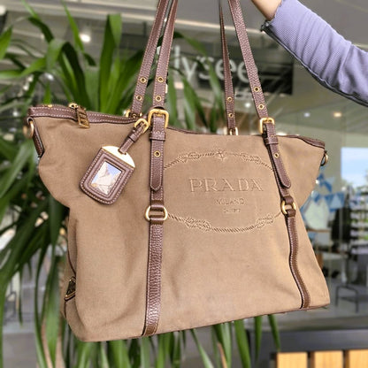 SALE: PRADA Jacquard Brown GHW Classic Monogram Logo 2-Way Shopper Bag