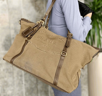 SALE: PRADA Jacquard Brown GHW Classic Monogram Logo 2-Way Shopper Bag