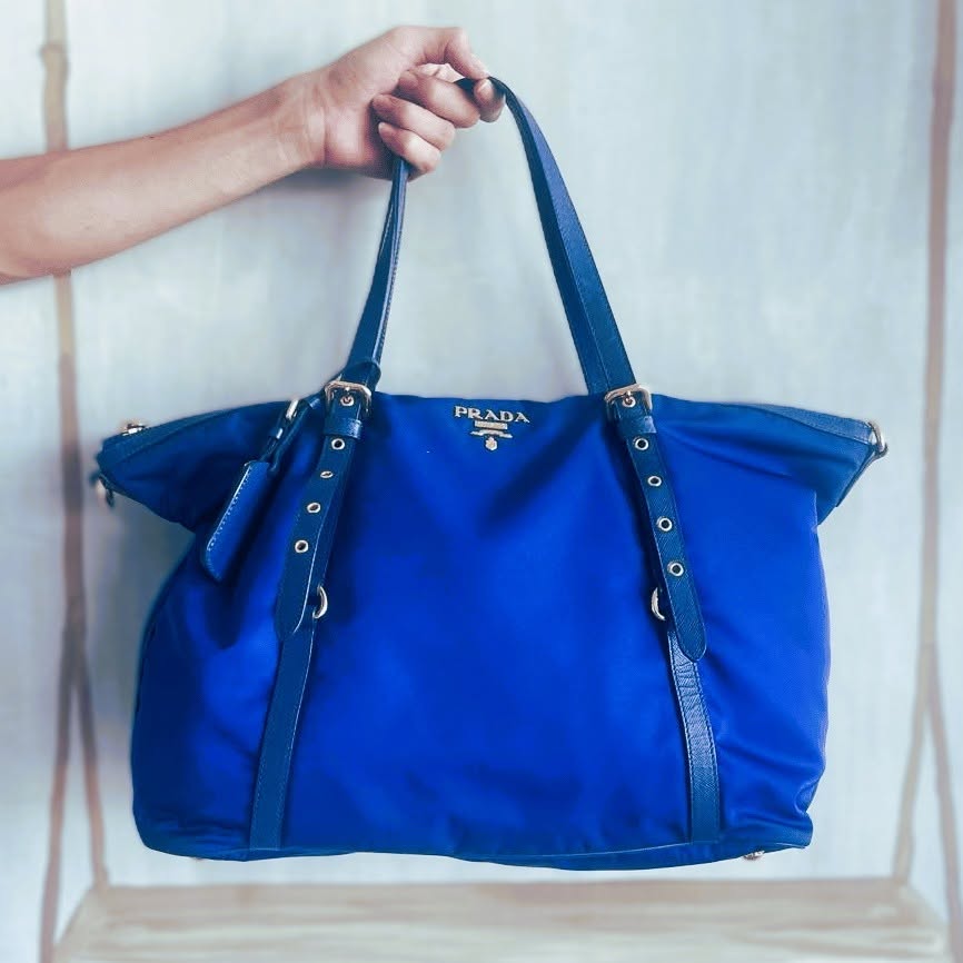 SALE: PRADA Blue Tessuto Saffiano Nylon Bag