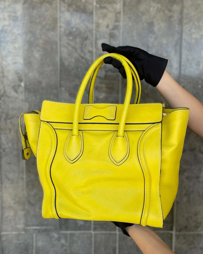 Celine Yellow Drummed Calfskin Leather Mini Luggage  Tote Bag